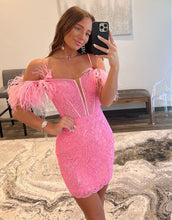 Load image into Gallery viewer, Off The Shoulder Corset Back Homecoming Dress With Feather

