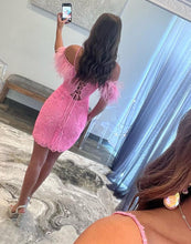 Load image into Gallery viewer, Off The Shoulder Corset Back Homecoming Dress With Feather
