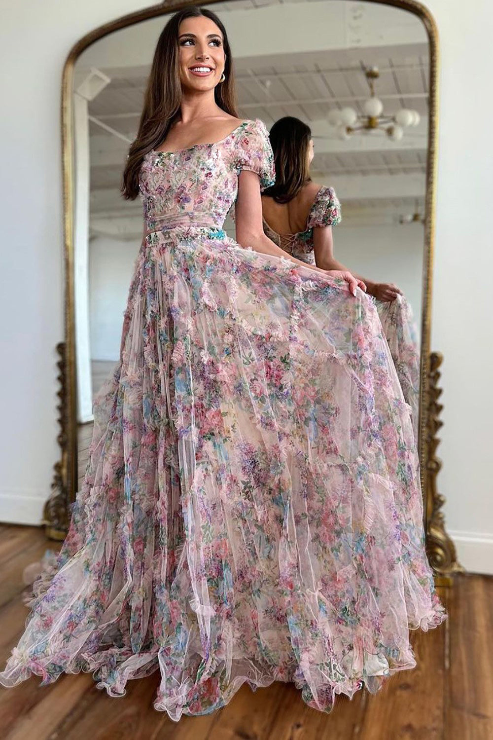A-Line Square Neck Cap Sleeves Long Print Tulle Prom Dress With Beading