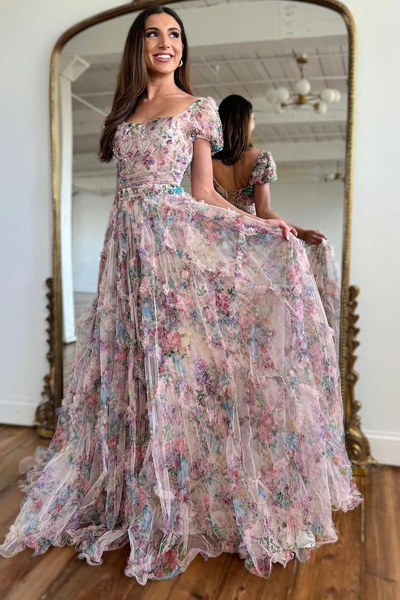 Tulle Sequins Cap Sleeves Long Party Dress, Floor Length Prom Dress