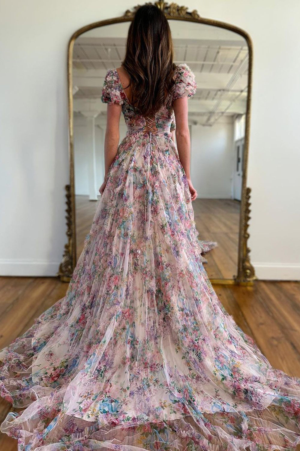 Luuvis A-Line Square Neck Cap Sleeves Long Print Tulle Prom Dress With
