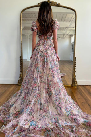 A-Line Square Neck Cap Sleeves Long Print Tulle Prom Dress With Beading