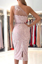 Load image into Gallery viewer, Pink One Shoulder bodycon Homecoming Dress With Belt
