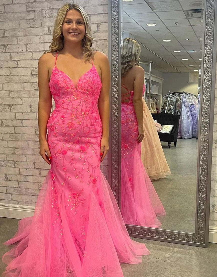 Pink Spaghetti Straps Corset Back Tulle Prom Dress With Appliques