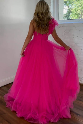 Hot Pink A-Line One Shoulder Long Tulle Prom Dress With Split