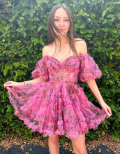 Load image into Gallery viewer, Pretty Fuchsia Puff Sleeves A-Line Short Party Dress
