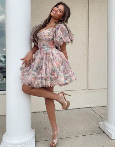 Pretty Cute Puff Sleeves A-Line Short Homecoming Party Dress