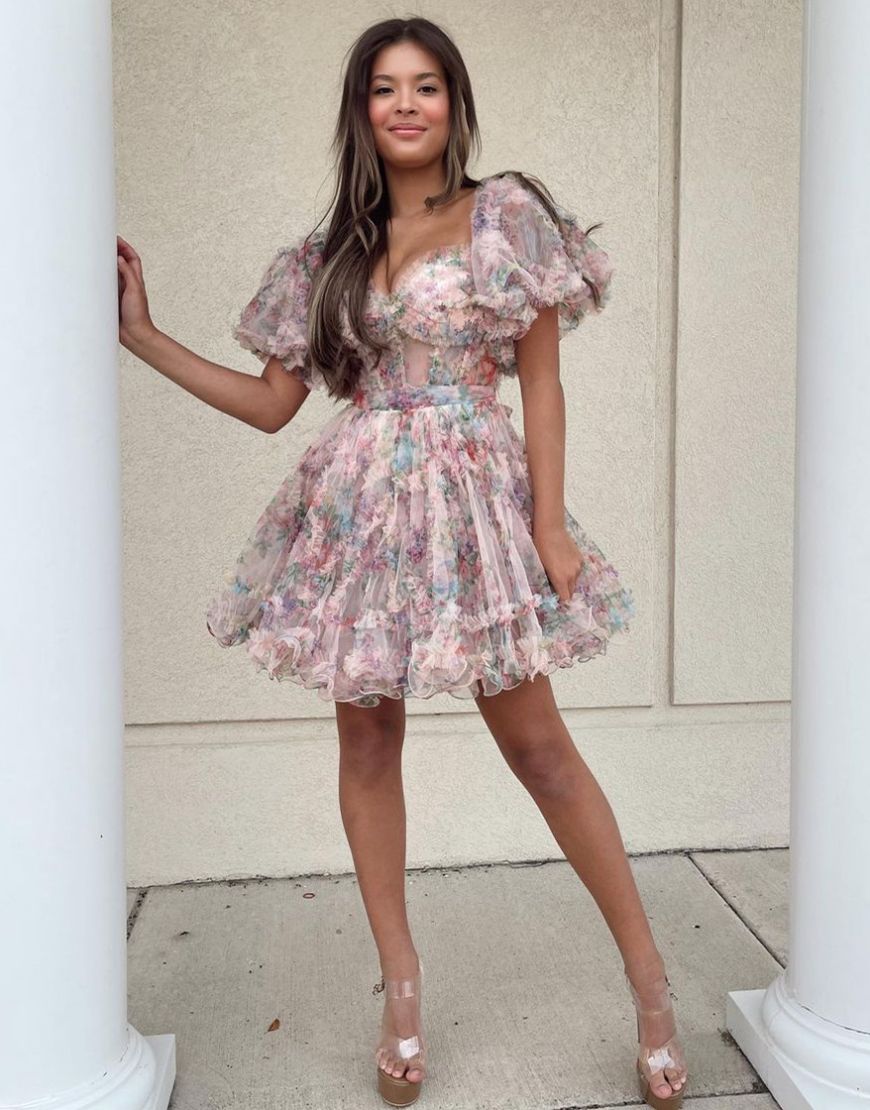 Glamorous A-Line Off Shoulder Short Sleeve Lace Beaded Tulle Mini Homecoming Dress