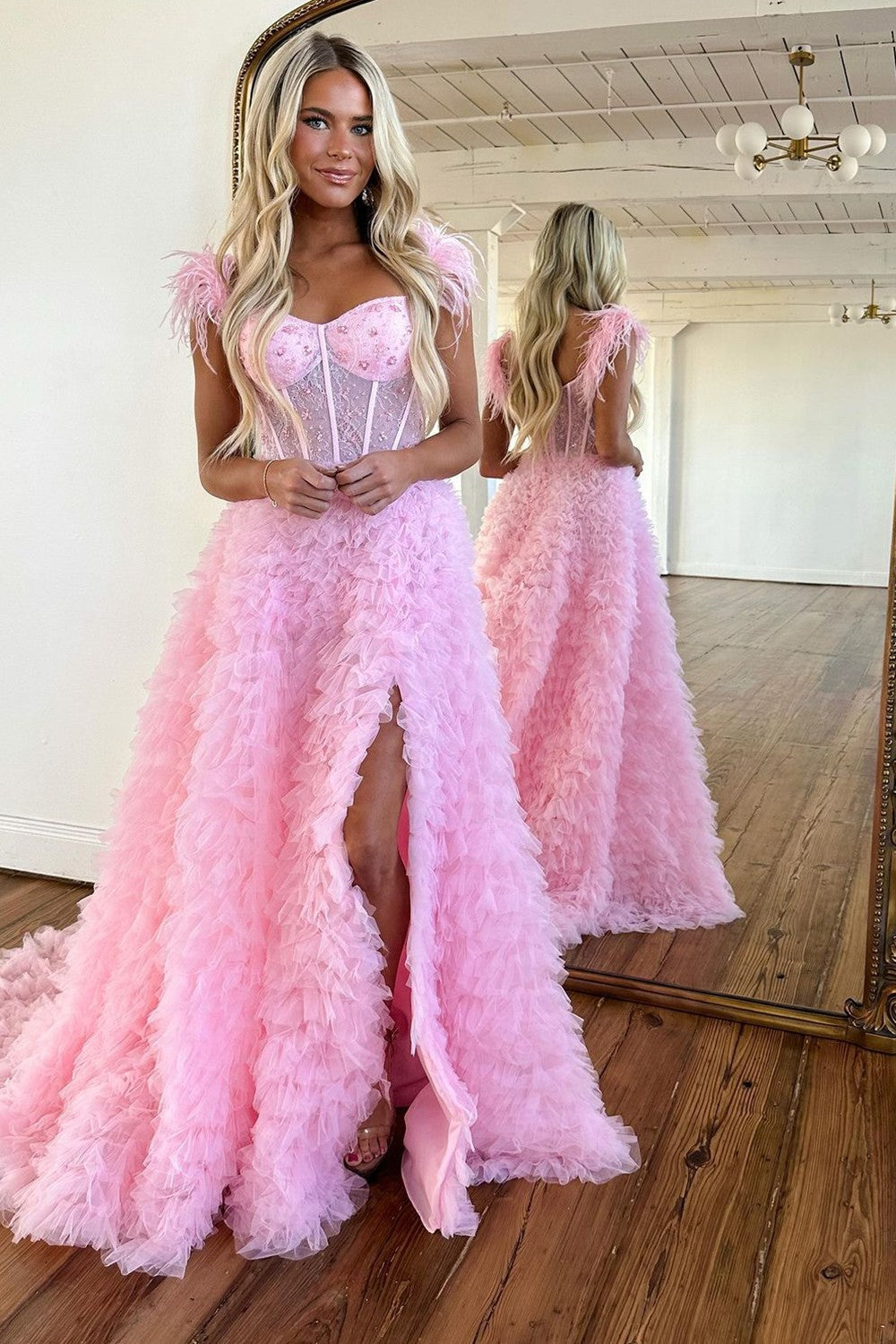 Luuvis Women Pink Formal Dress Princess A-Line Feather Straps Long Ruffle Prom Dress With Split Luuvis Women Pink Formal Dress Princess A-Line Feather Straps Long Ruffle Prom Dress With Split