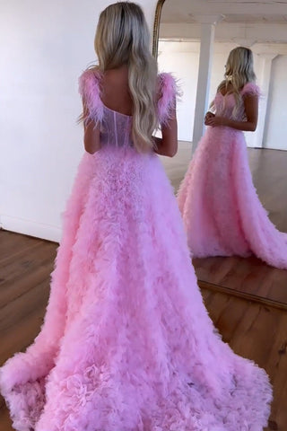 Princess A-Line Feather Straps Long Ruffle Prom Dress With Split