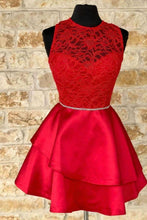 Load image into Gallery viewer, Red A-linec Satin And Lace Homecoming Dress With Belt
