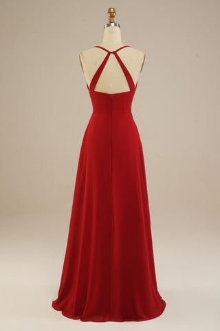 Red Floor Length Spaghetti Straps Chiffon Bridesmaid Dress