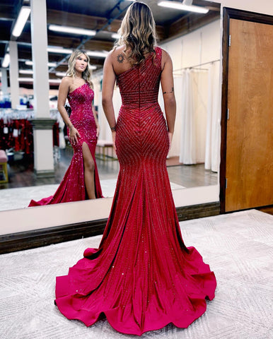 Red Mermaid One Shoulder Prom Dress With Split