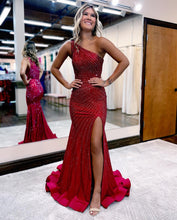Load image into Gallery viewer, Red Mermaid One Shoulder Prom Dress With Split
