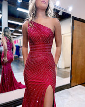 Load image into Gallery viewer, Red Mermaid One Shoulder Prom Dress With Split
