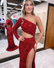 Load image into Gallery viewer, Red One Shoulder Sequin Prom Dress With Front Split
