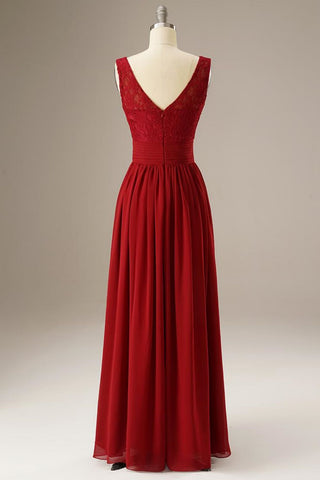 Red A Line Lace Top Chiffon Long Dress