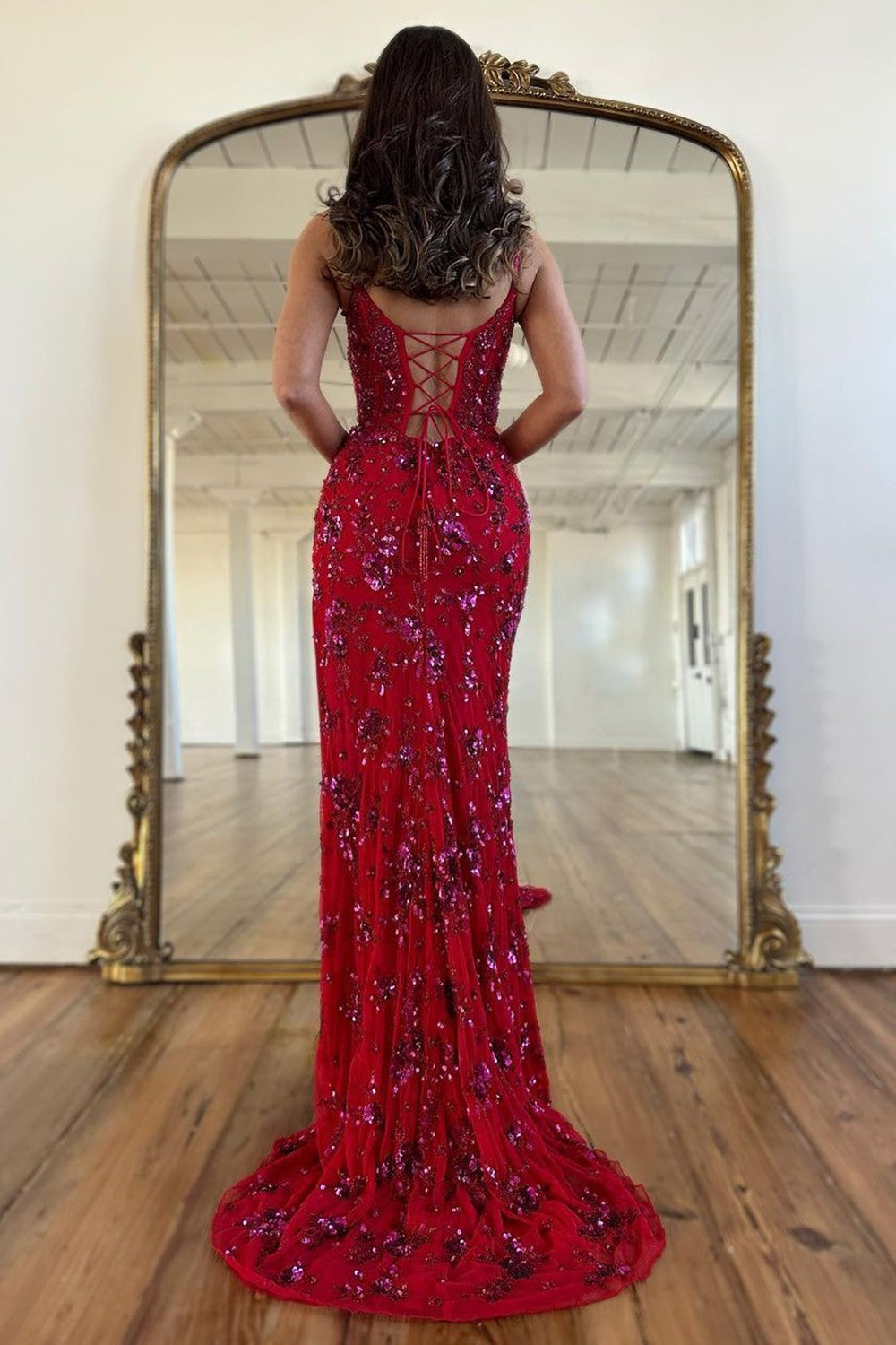 Luuvis Women Red Sparkly Spaghetti Straps Lace Up Long Corset Prom