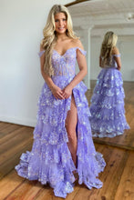Load image into Gallery viewer, Sparkly Black Off The Shoulder Long Tiered Corset Prom Dress With Sequin
