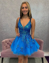Load image into Gallery viewer, Royal Blue A-Line Short Homecoming Dress With Appliques
