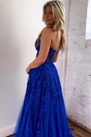 A-Line Sweetheart Long Tulle Royal Blue Prom Dress With Appliques