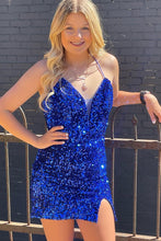Load image into Gallery viewer, Sheath Halter Royal Blue Sequins Short Homecoming Dress with Criss Cross
