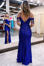 Load image into Gallery viewer, Sheath Off the Shoulder Royal Blue Long Prom Dress with Split Front