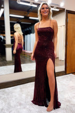 Load image into Gallery viewer, Sheath Spaghetti Straps Burgundy Sequins Long Prom Dress with Split Front