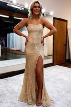 Load image into Gallery viewer, Sheath Spaghetti Straps Burgundy Sequins Long Prom Dress with Split Front
