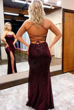 Load image into Gallery viewer, Sheath Spaghetti Straps Burgundy Sequins Long Prom Dress with Split Front
