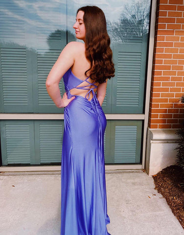 Sheath Spaghetti Straps Purple Long Prom Dress With Split