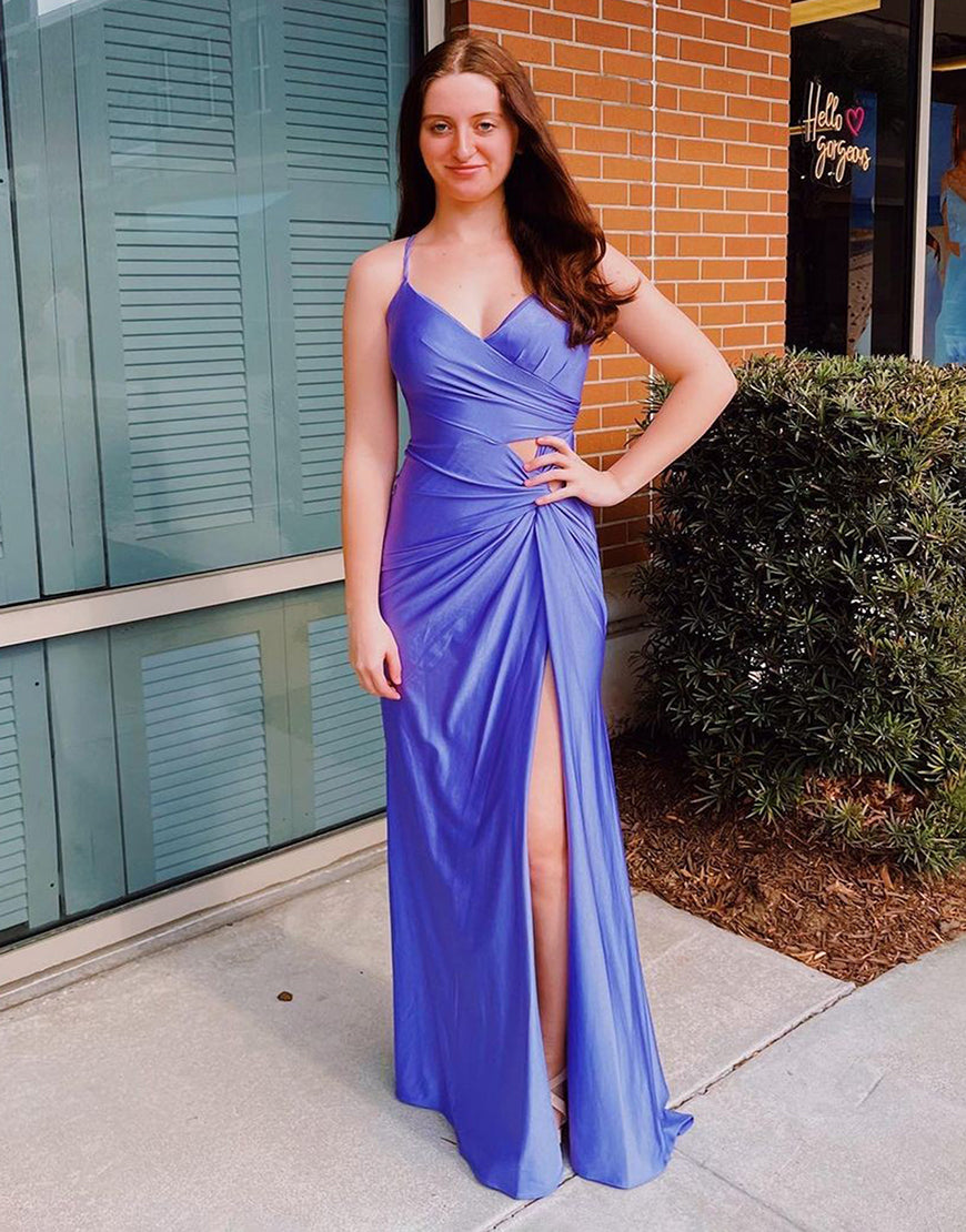 Sheath Spaghetti Straps Purple Long Prom Dress With Split