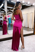 Load image into Gallery viewer, Sheath Spaghetti Straps Hot Pink Long Prom Dress with Split Front