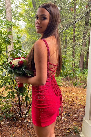 Sheath Spaghetti Straps Red Short Homecoming Dress with Beading