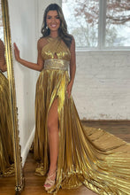 Load image into Gallery viewer, Shiny Gold A-Line Keyhole Back Long Prom Dress With Beaded Belt
