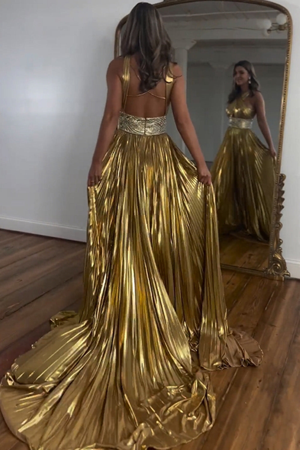 Luuvis Women Shiny Gold A-Line Keyhole Back Long Prom Dress With Beaded