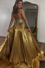 Load image into Gallery viewer, Shiny Gold A-Line Keyhole Back Long Prom Dress With Beaded Belt
