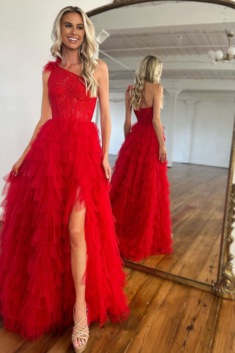 Luuvis Womn Simple A-Line One Shoulder Long Red Ruffle Prom Dress With ...