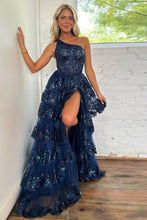 Load image into Gallery viewer, Sparkly One Shoulder A-Line Sweep Train Tiered Prom Dress with Split
