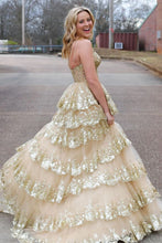 Load image into Gallery viewer, Sparkly One Shoulder A-Line Sweep Train Tiered Prom Dress with Split
