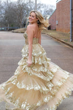 Load image into Gallery viewer, Sparkly One Shoulder A-Line Sweep Train Tiered Prom Dress with Split
