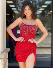Load image into Gallery viewer, Sparkly Red Strapless Short Homecoming Dress With Split
