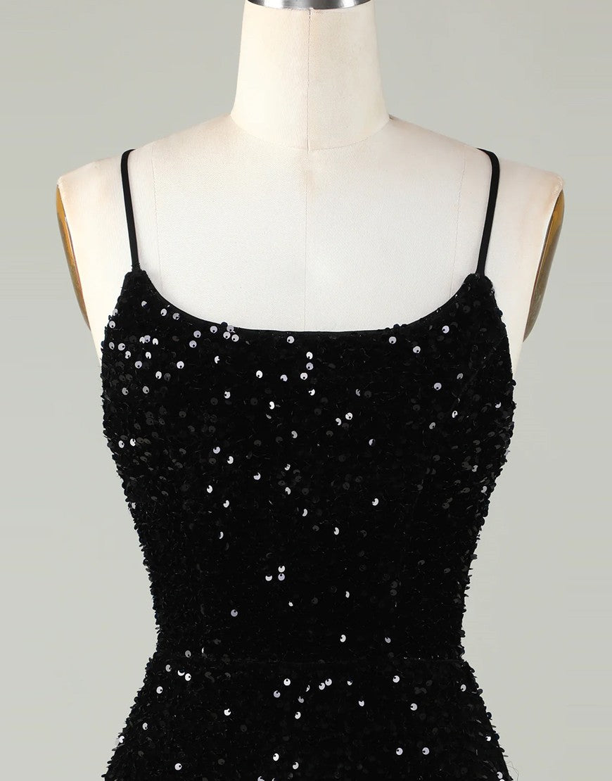 Luuvis Sparkly Sequin Spaghetti straps Corset Back Tight Homecoming