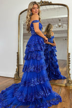 Load image into Gallery viewer, Sparkly Black Off The Shoulder Long Tiered Corset Prom Dress With Sequin
