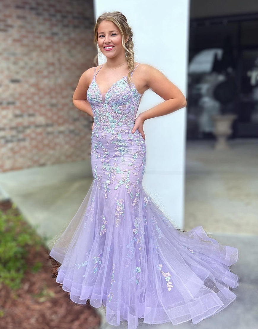 Stunning Spaghetti Straps Mermaid Lilac Long Prom Dress With Appliques