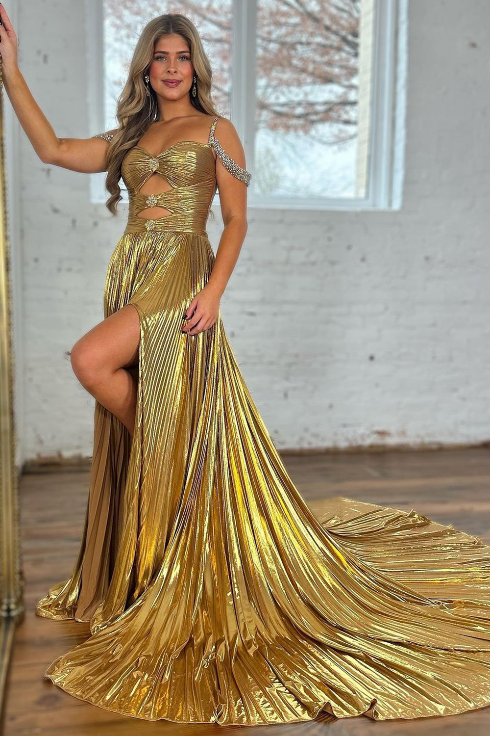 Luuvis Women Stylish Gold A-Line Beaded Off The Shoulder Long Prom