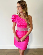 Load image into Gallery viewer, Stylish One Shoulder Short Satin Homecoming Dress with Belt
