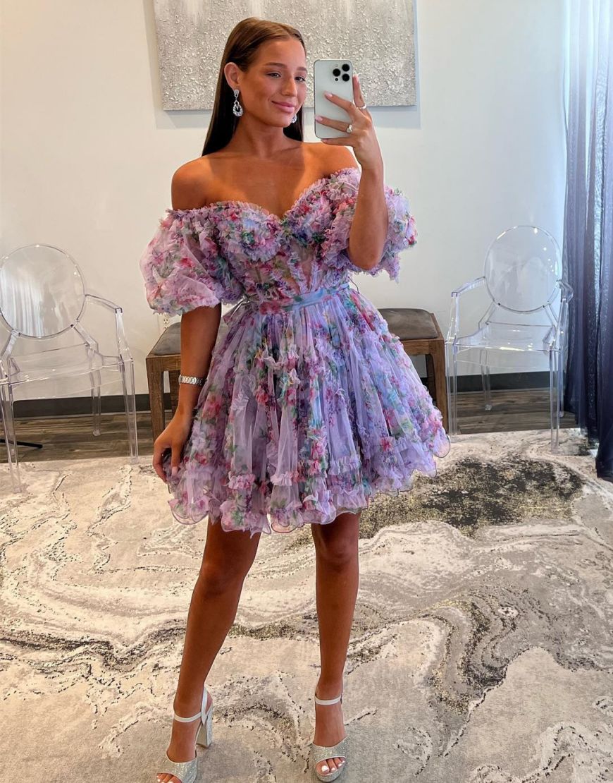 Luuvis Cute A-Line Off The Shoulder Short Tulle Print Homecoming Dress
