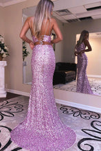 Load image into Gallery viewer, Two Piece Spaghetti Straps Hot Pink Sequins Long Prom Dress with Split Front