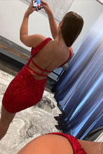 Load image into Gallery viewer, Red Bodycon Open Back Homecoming Dress With Sequins